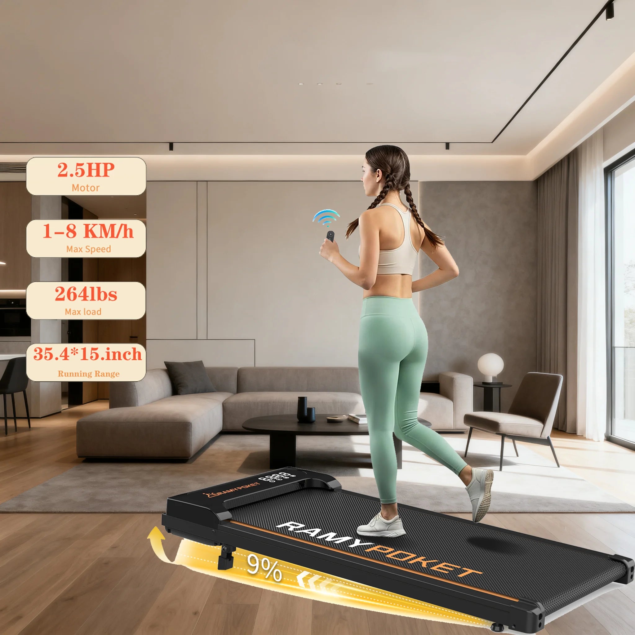 RAMYPOKET Hopfällbart Gå- & Löpband 1–10 km/h med 9 % Lutning