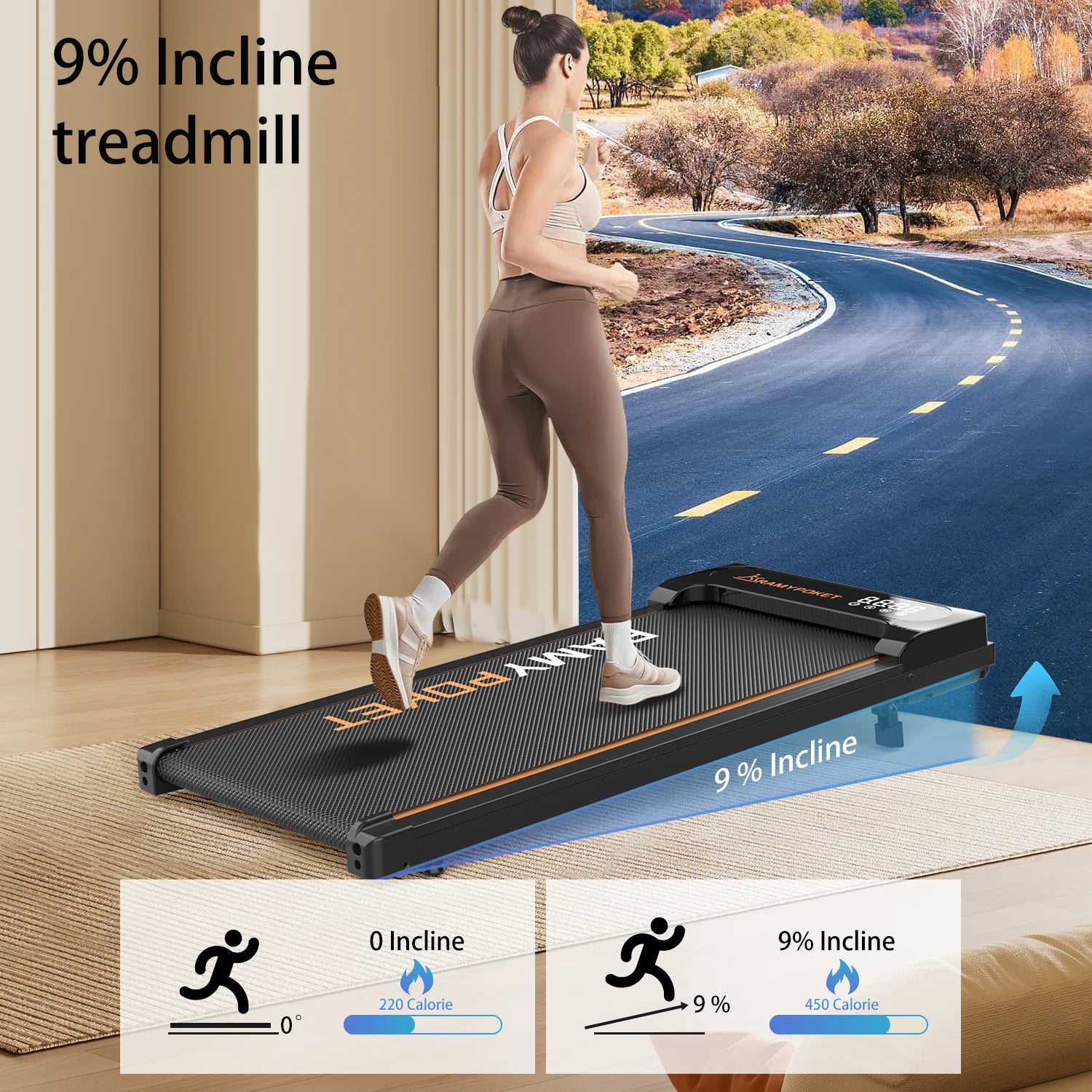 RAMYPOKET Hopfällbart Gå- & Löpband 1–10 km/h med 9 % Lutning