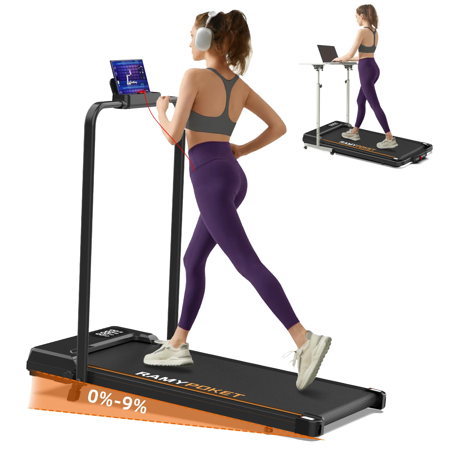 RAMYPOKET Hopfällbart Gå- & Löpband 1–10 km/h med 9 % Lutning